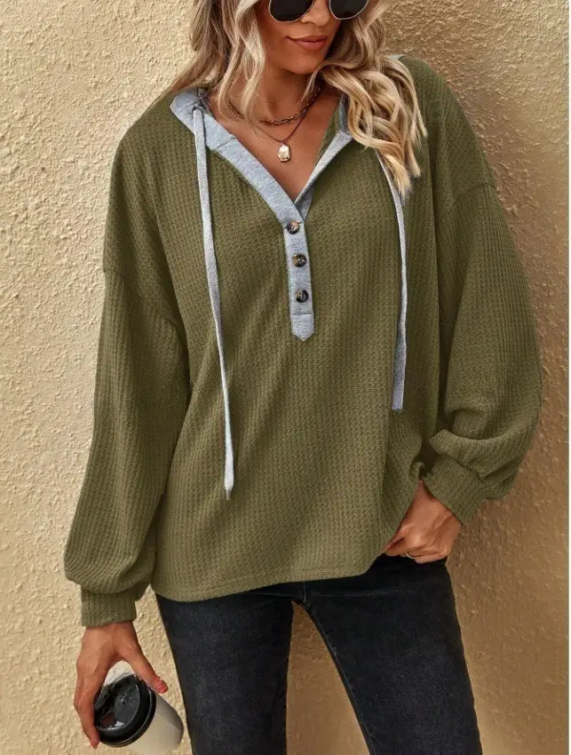 Pink Waffle Hoodie Sweatshirt Women Loose Long Sleeve Winter