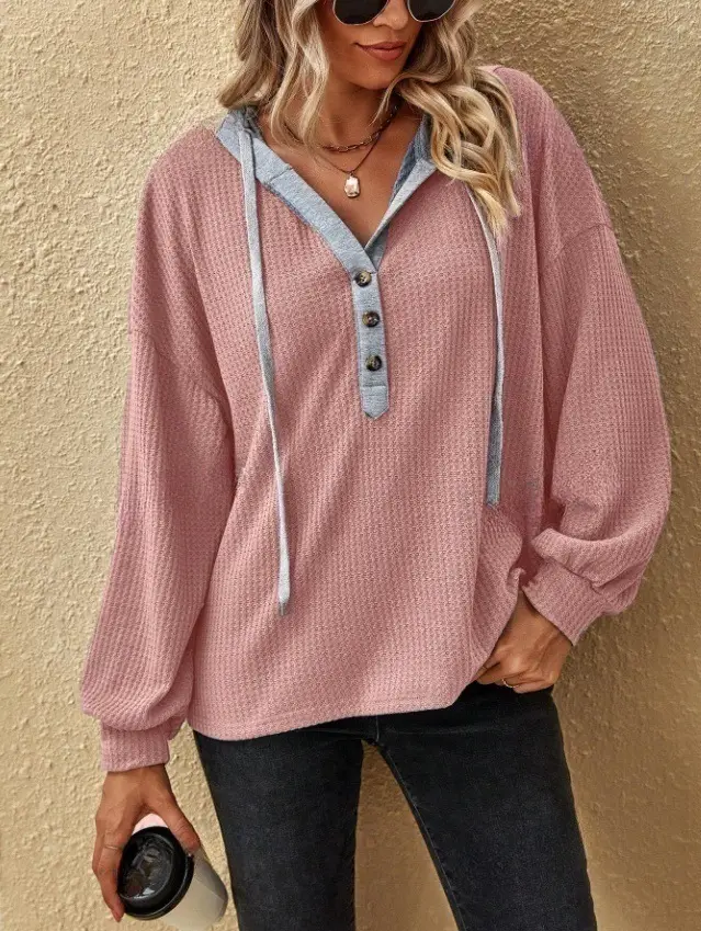 Pink Waffle Hoodie Sweatshirt Women Loose Long Sleeve Winter