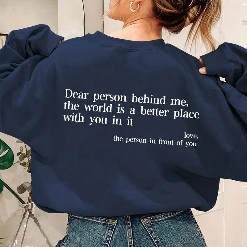 Women Letter Printed Fleece Crewneck Sweater Brown Winter Casual