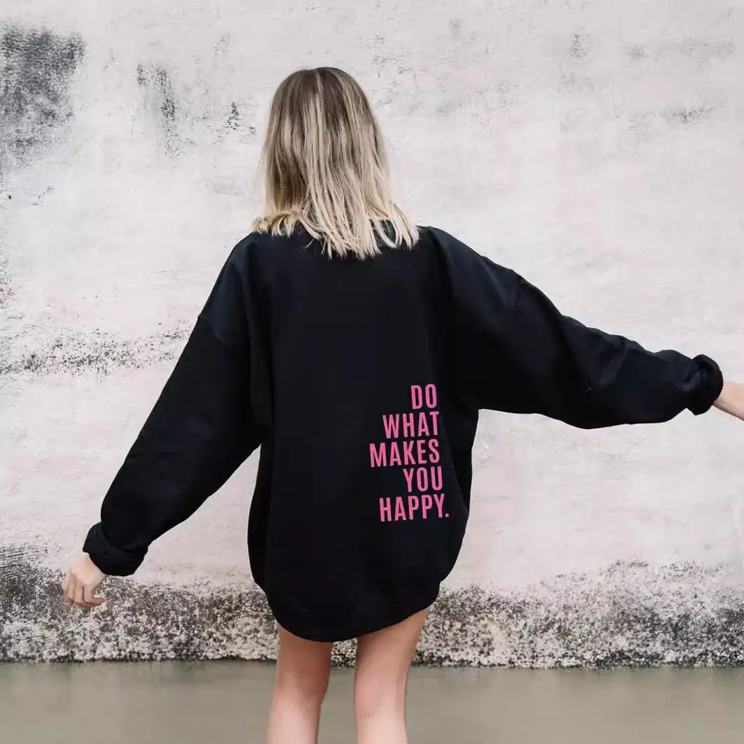 Women Pink Hoodie Do What Makes You Happy Dropped Shoulder XS-5XL