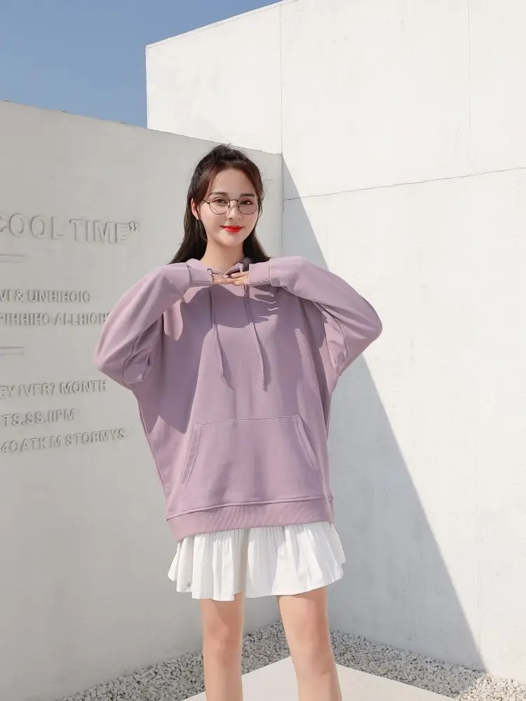 Women Loose Hoodie Purple Cotton Sweater XL