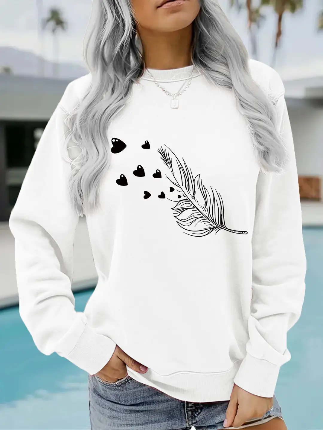 Women Red Feather Heart Print Sweatshirt Winter Casual Long Sleeve
