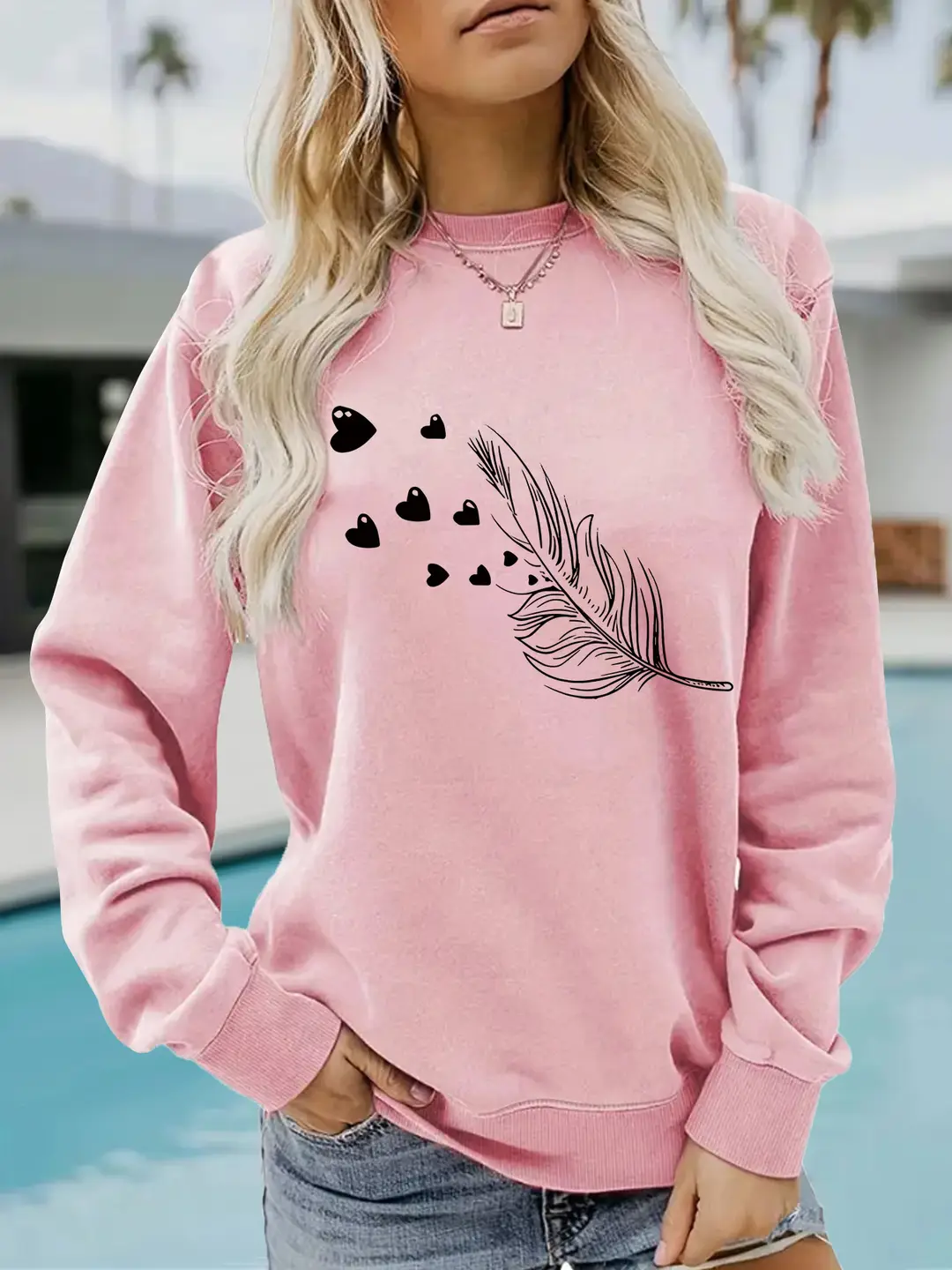 Women Red Feather Heart Print Sweatshirt Winter Casual Long Sleeve