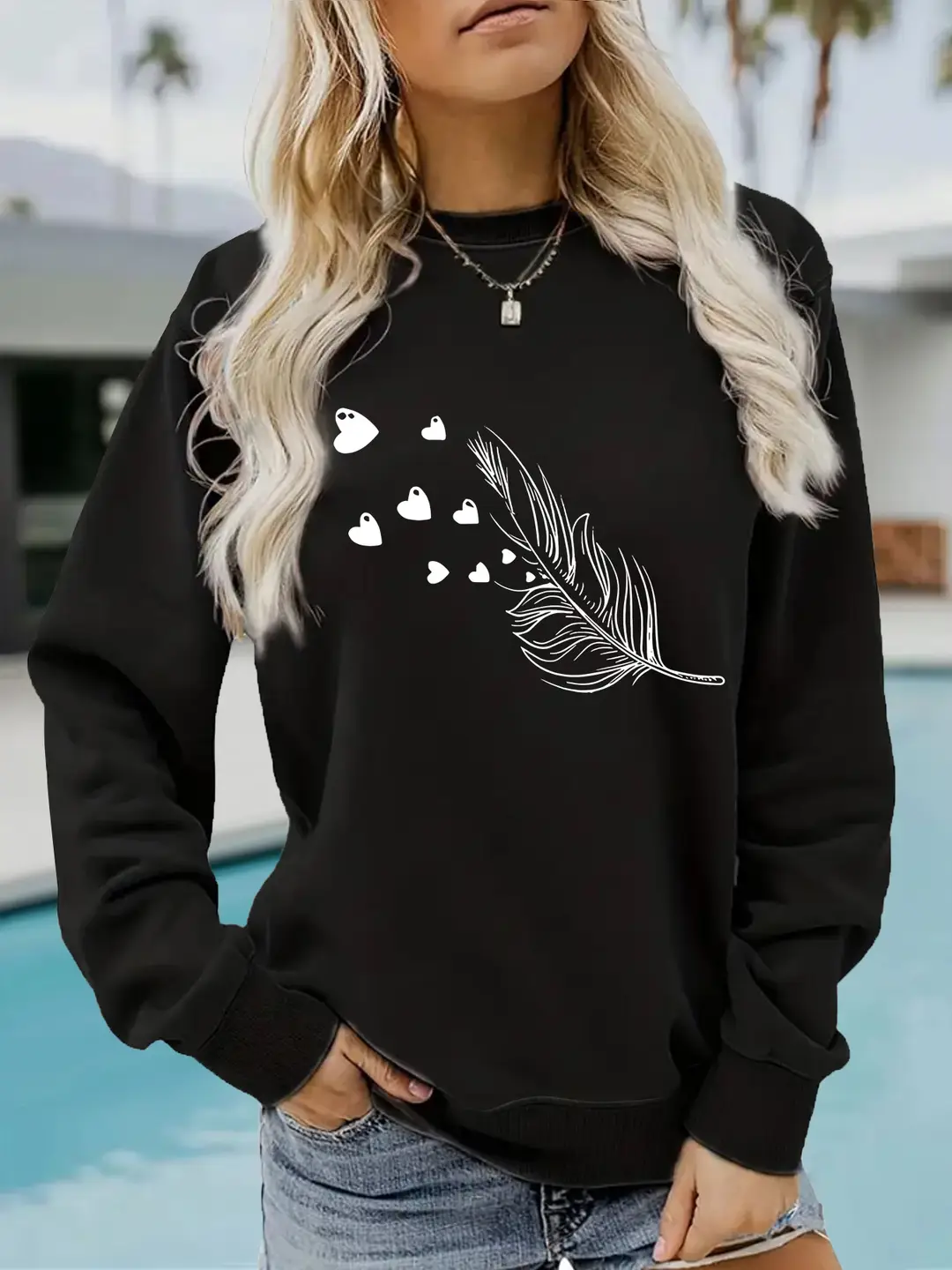 Women Red Feather Heart Print Sweatshirt Winter Casual Long Sleeve