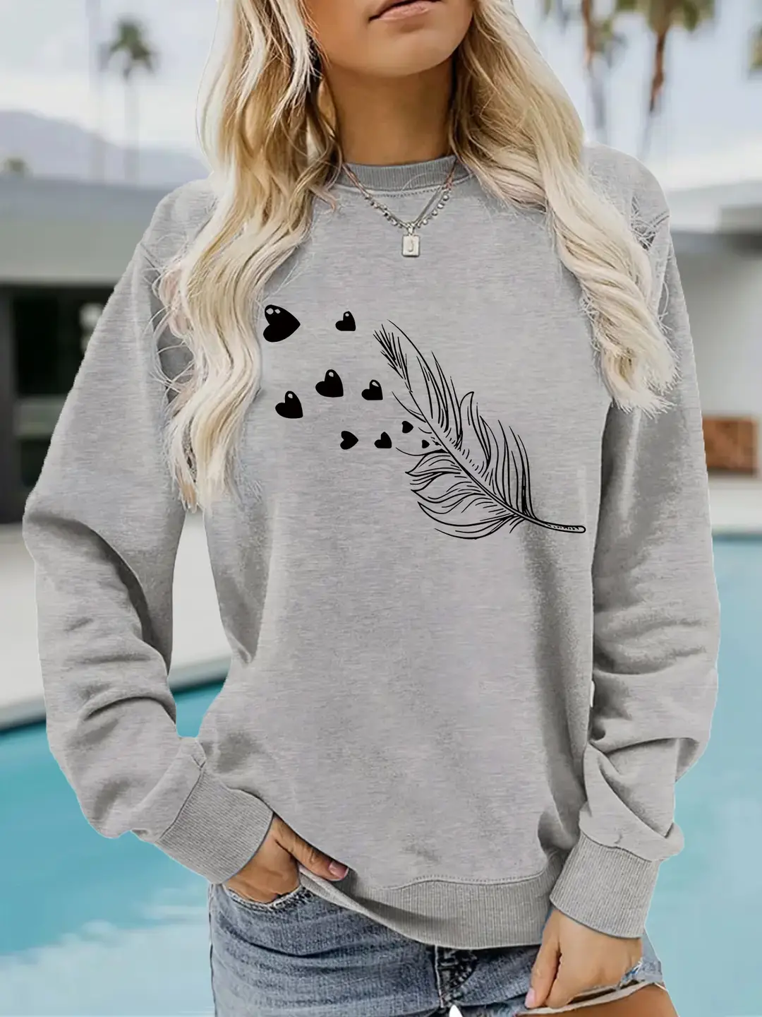 Women Red Feather Heart Print Sweatshirt Winter Casual Long Sleeve