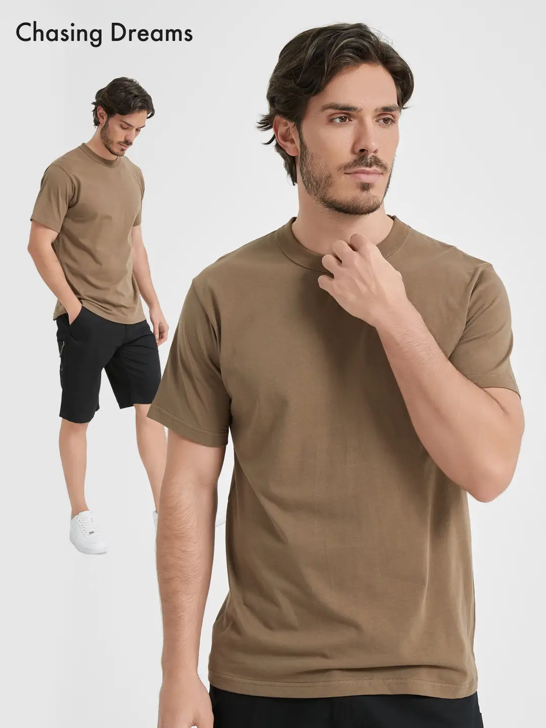 Men Loose Cotton T-Shirt Brown Classic Fit