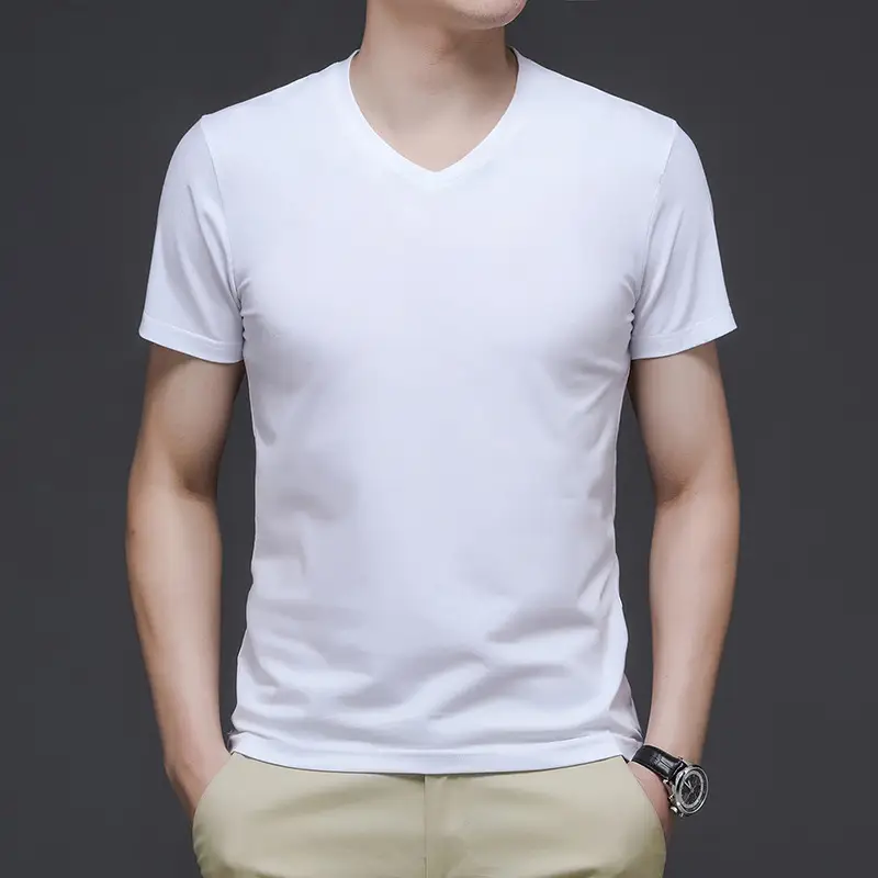 Men Slim Fit Cotton V-Neck T-Shirt Red Summer