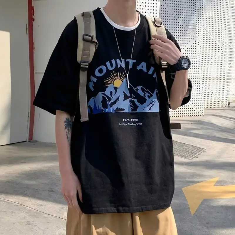 Men Loose Fit Mountain Print T-Shirt Summer White