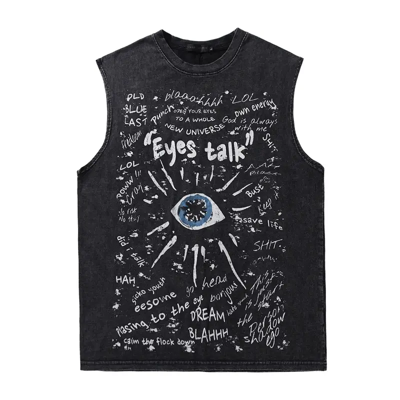 Men Sleeveless Graphic T-Shirt Eyes Talk Distressed Black