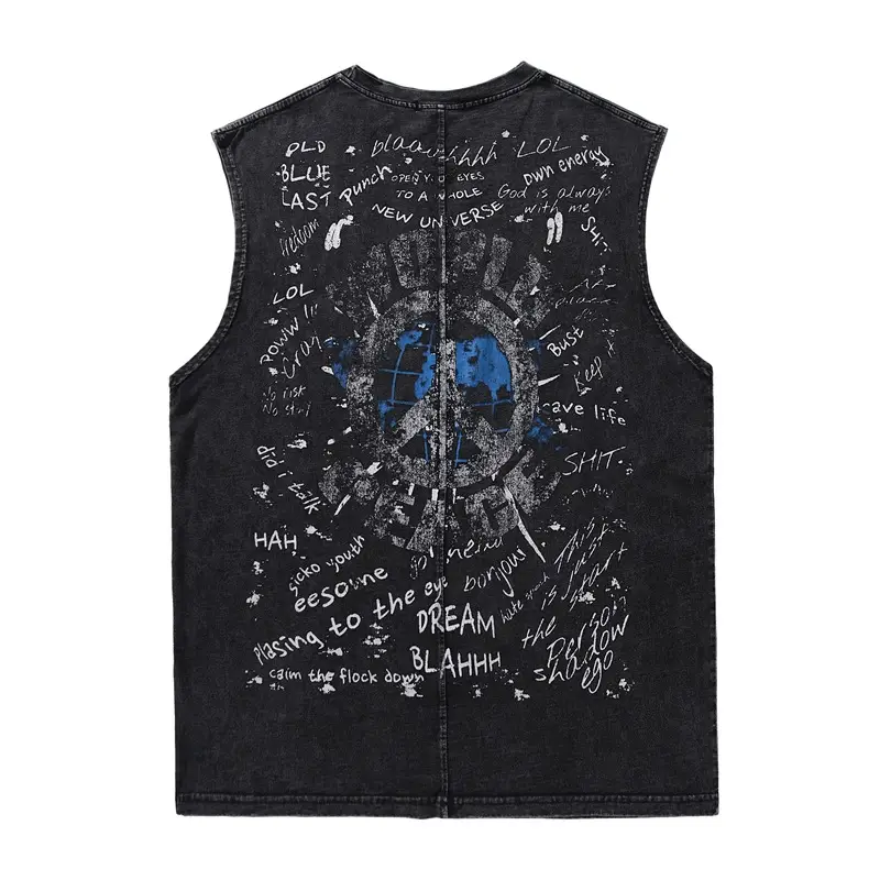 Men Sleeveless Graphic T-Shirt Eyes Talk Distressed Black