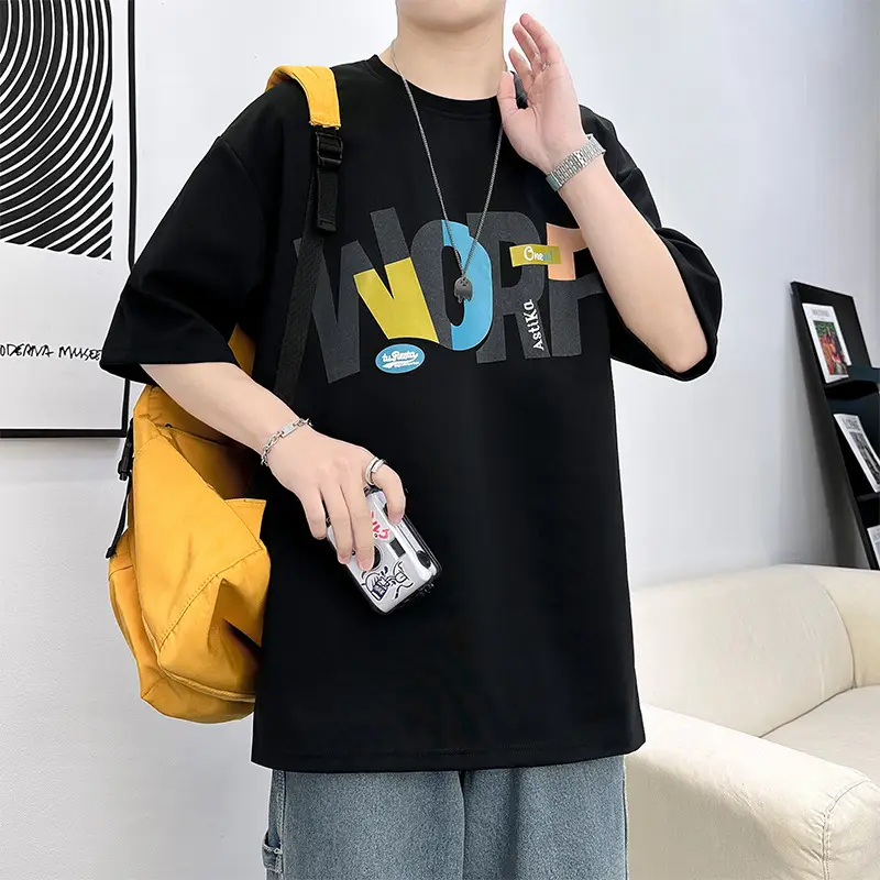 Men Loose Fit Printed T-Shirt Black Plus Size Summer