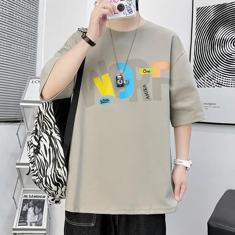 Men Loose Fit Printed T-Shirt Black Plus Size Summer