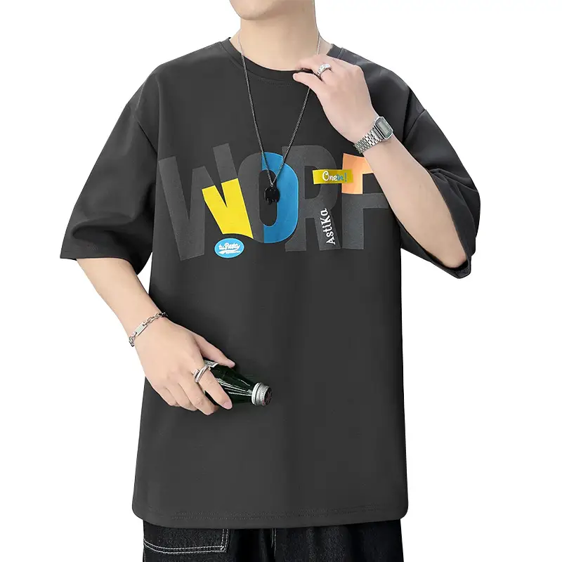 Men Loose Fit Printed T-Shirt Black Plus Size Summer