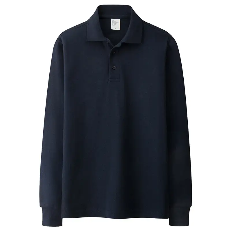 Men Cotton Long Sleeve Polo Shirt Navy Loose Fit Autumn