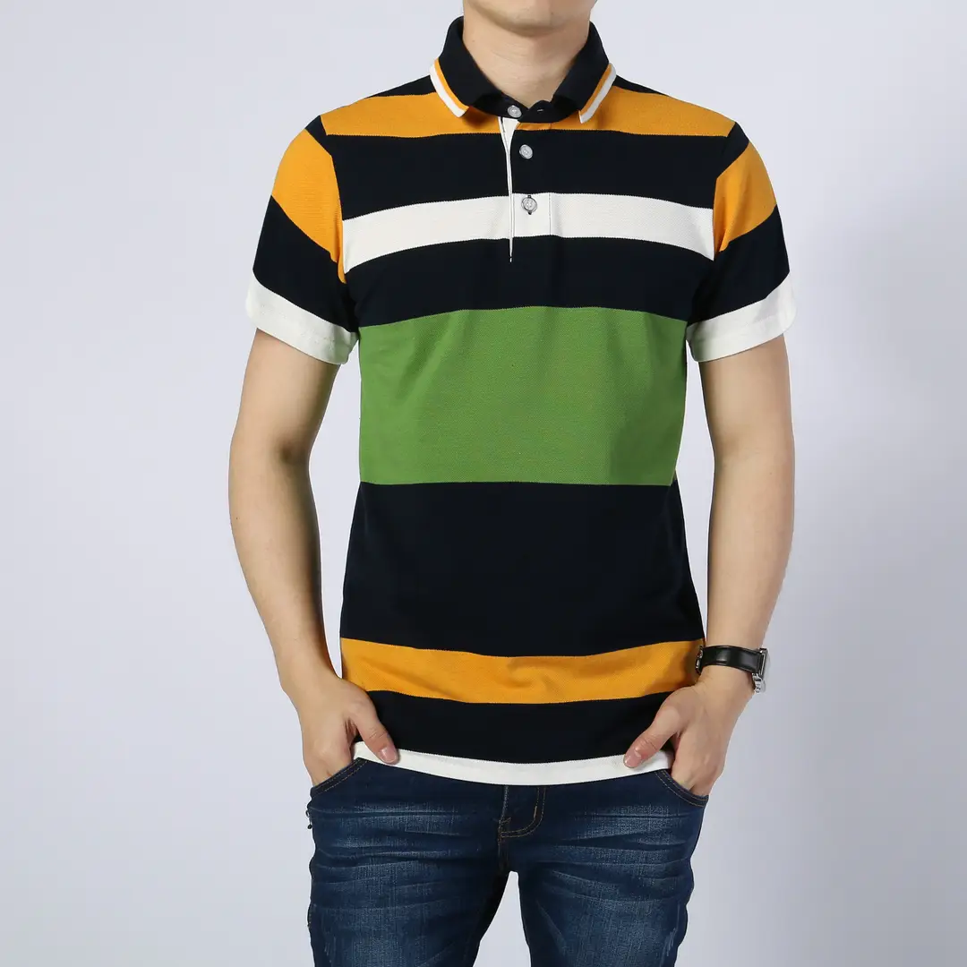 Men Striped Polo Shirt Green Navy Yellow Casual Summer