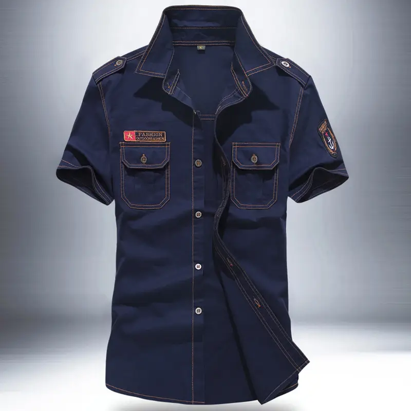 Men Cotton Military Style Short Sleeve Shirt Khaki Slim Fit
