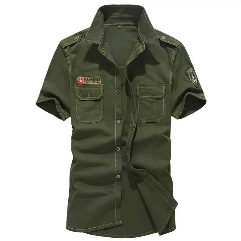 Men Cotton Military Style Short Sleeve Shirt Khaki Slim Fit