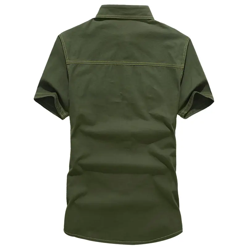 Men Cotton Military Style Short Sleeve Shirt Khaki Slim Fit