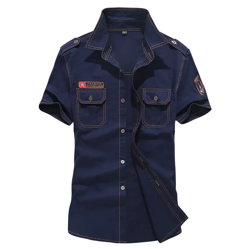 Men Cotton Military Style Short Sleeve Shirt Khaki Slim Fit