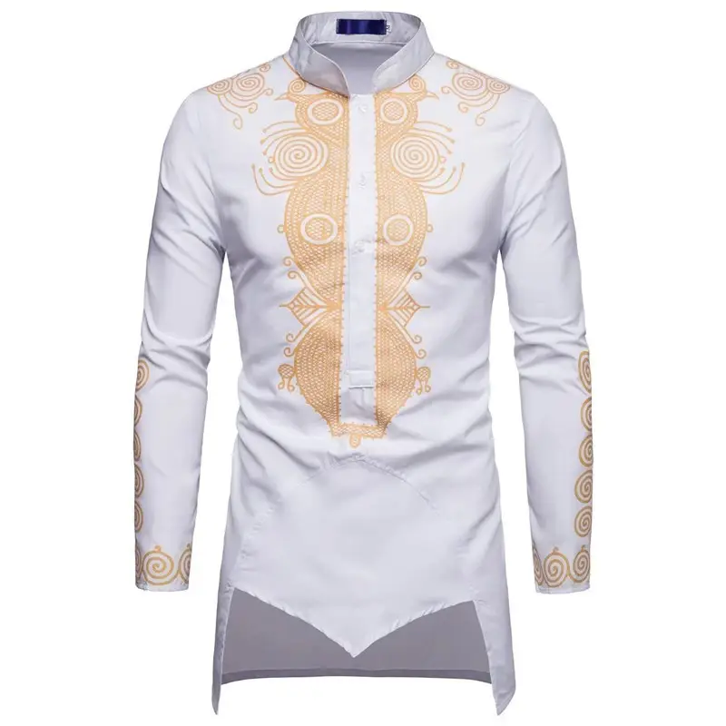 Men's Slim Fit Long Sleeve Collared Shirt with Gold Embroidery Black White Maroon