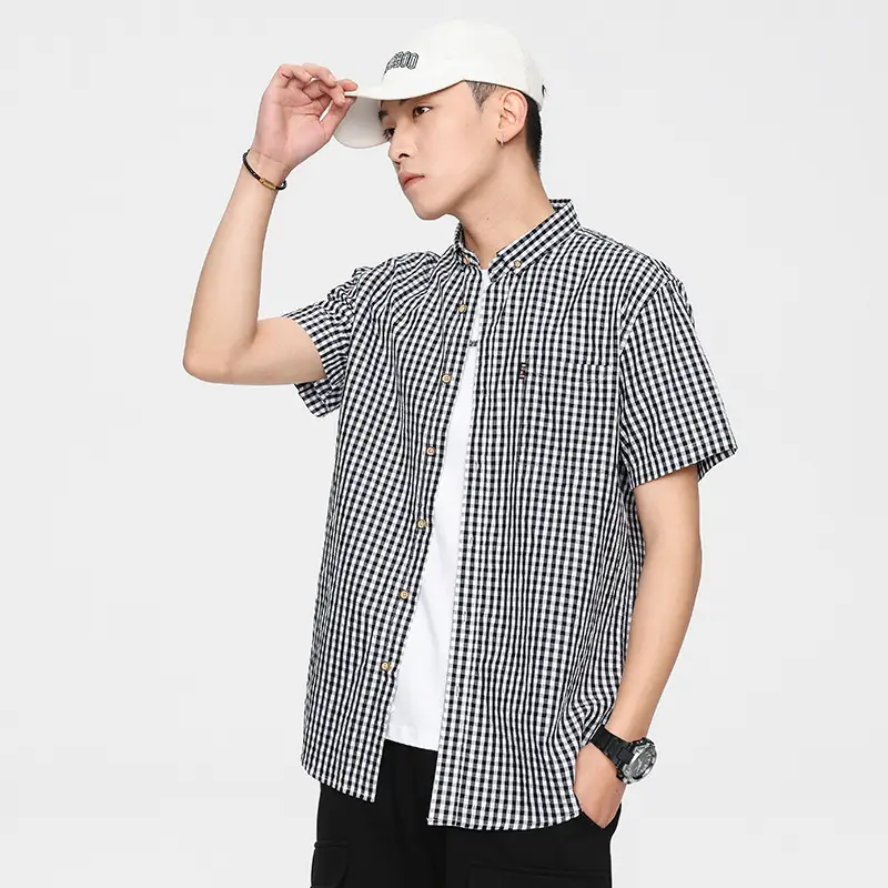 Men Slim Fit Plaid Short Sleeve Shirt Summer Casual