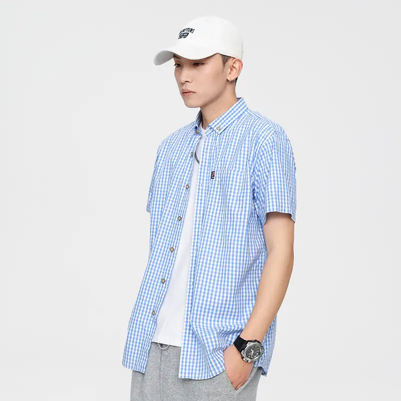 Men Slim Fit Plaid Short Sleeve Shirt Summer Casual