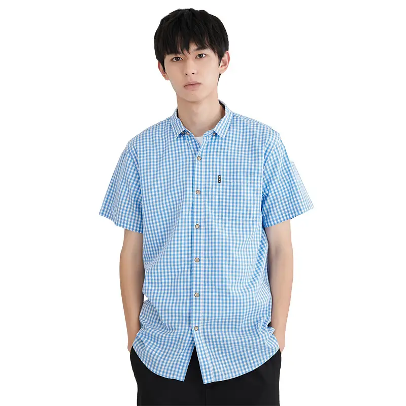Men Slim Fit Plaid Short Sleeve Shirt Summer Casual