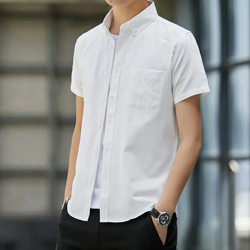 Men Slim Fit Short Sleeve Oxford Shirt Summer Casual Gray