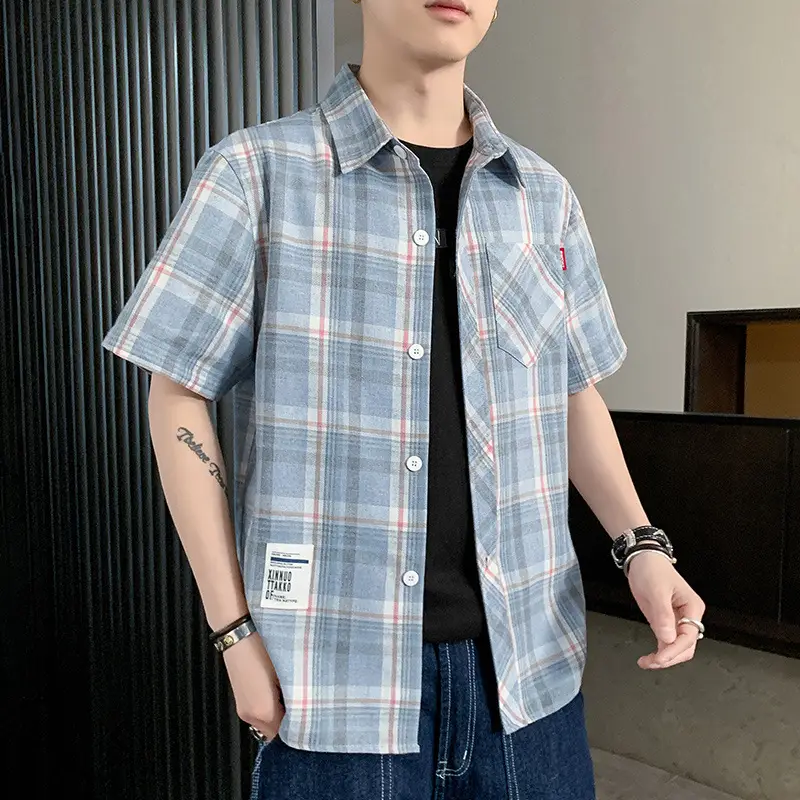 Men Plaid Short Sleeve Casual Shirt Summer