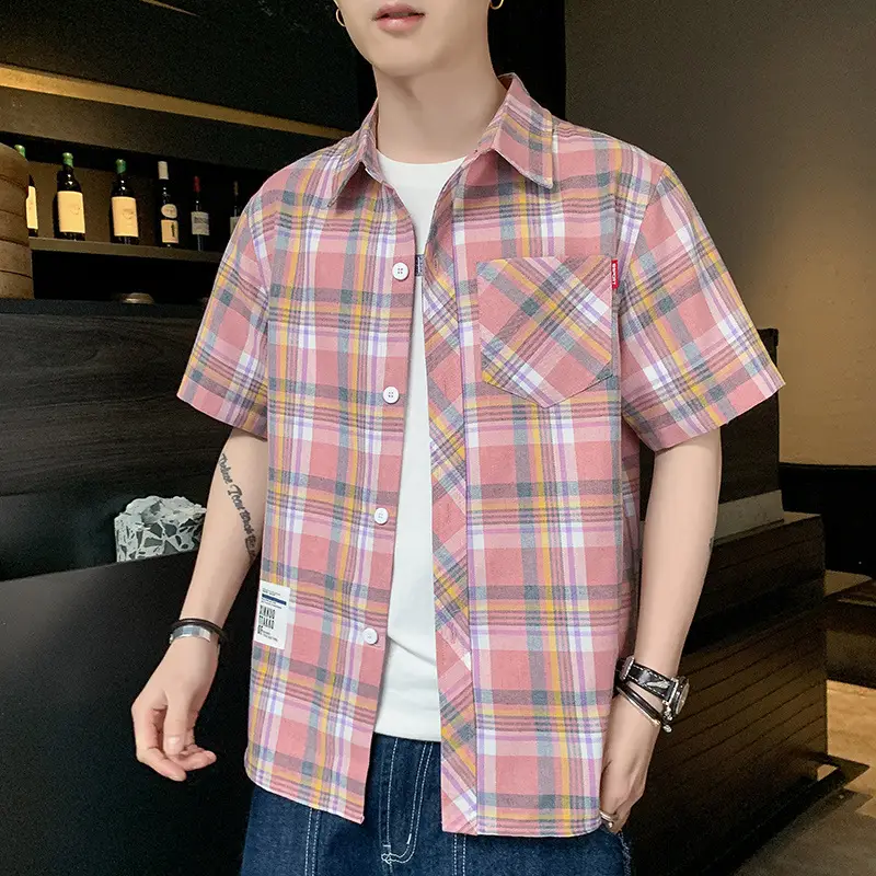 Men Plaid Short Sleeve Casual Shirt Summer
