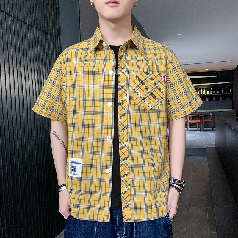 Men Plaid Short Sleeve Casual Shirt Summer