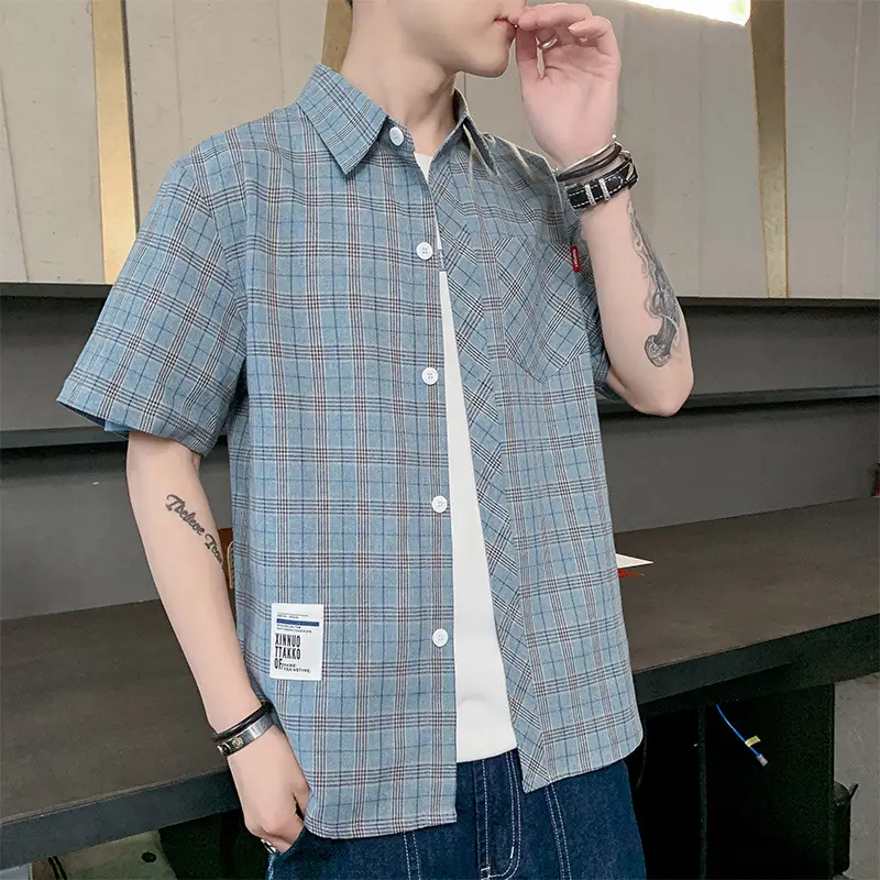 Men Plaid Short Sleeve Casual Shirt Summer