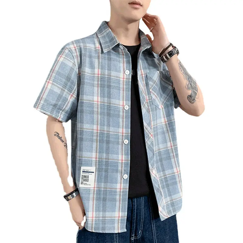 Men Plaid Short Sleeve Casual Shirt Summer