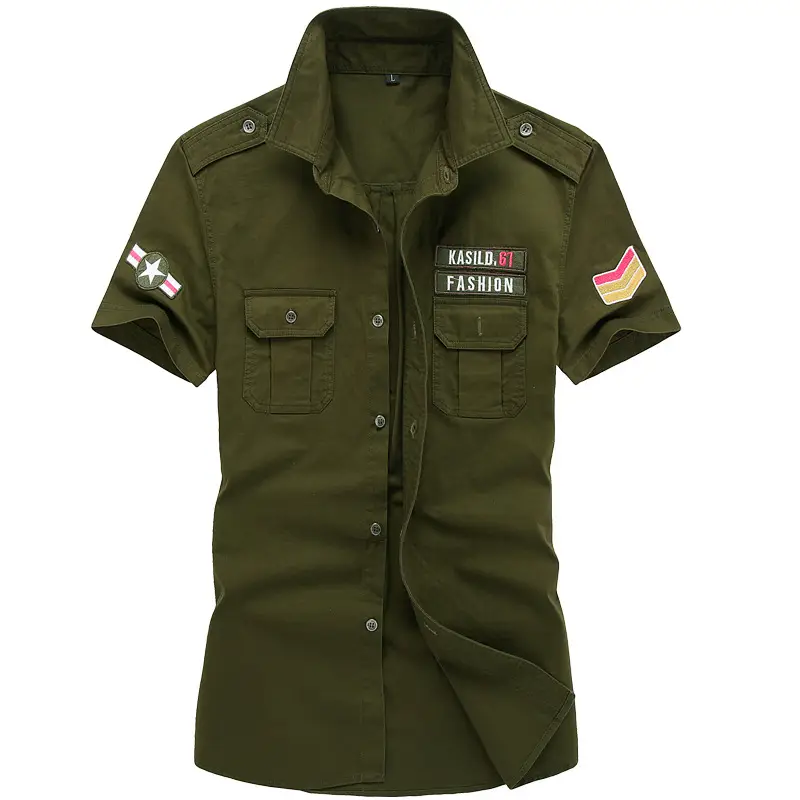 Men Military Style Short Sleeve Shirt Olive Green Plus Size Summer 2024