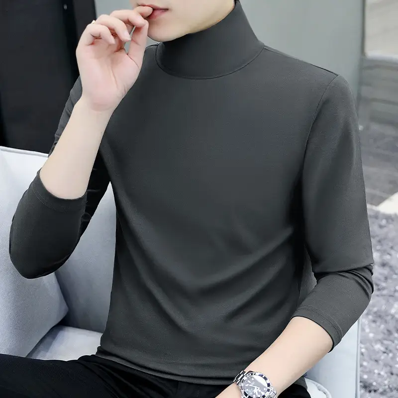 Men High Collar Long Sleeve Warm T-Shirt Gray