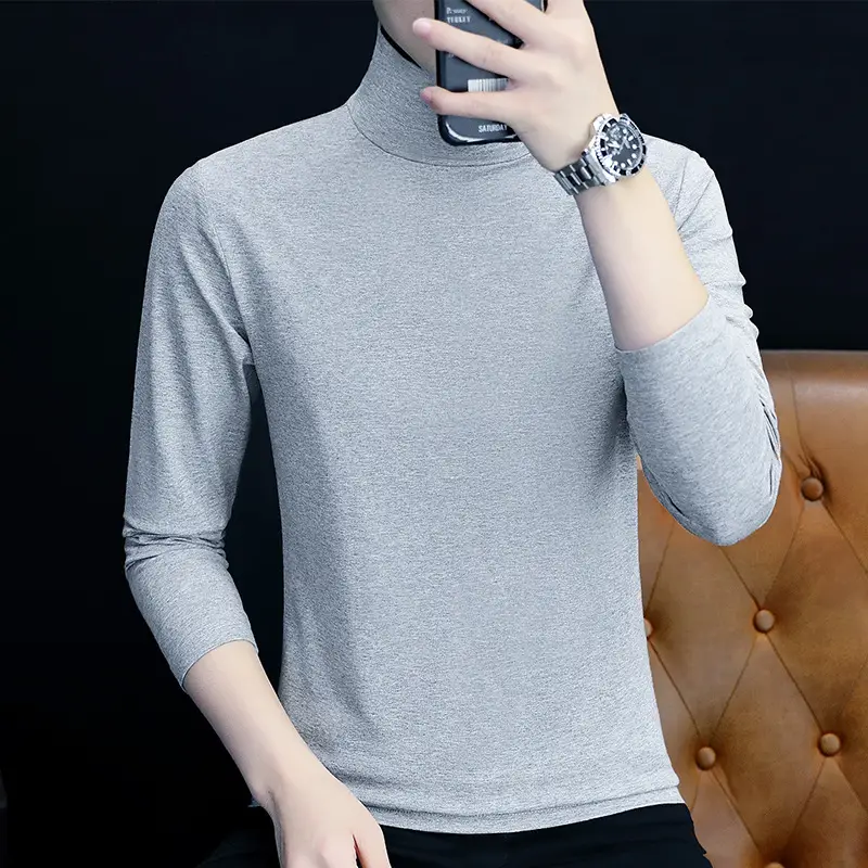 Men High Collar Long Sleeve Warm T-Shirt Gray