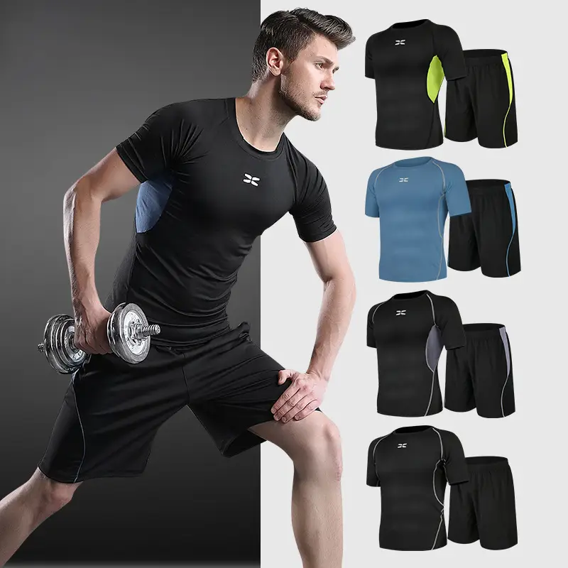 Men's Black Fitness Suit Two-Piece Shorts T-Shirt