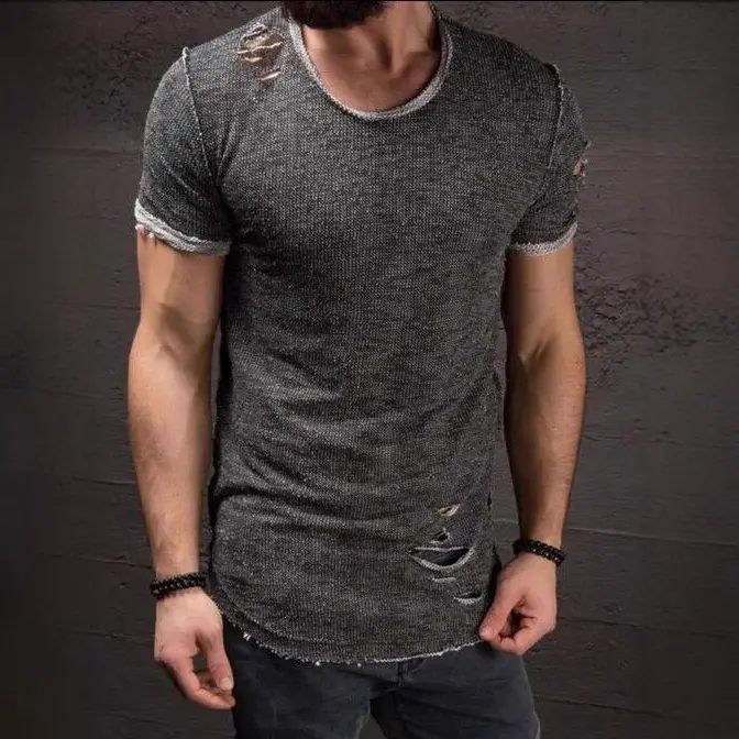 Men Denim Ripped Short Sleeve T-Shirt Summer