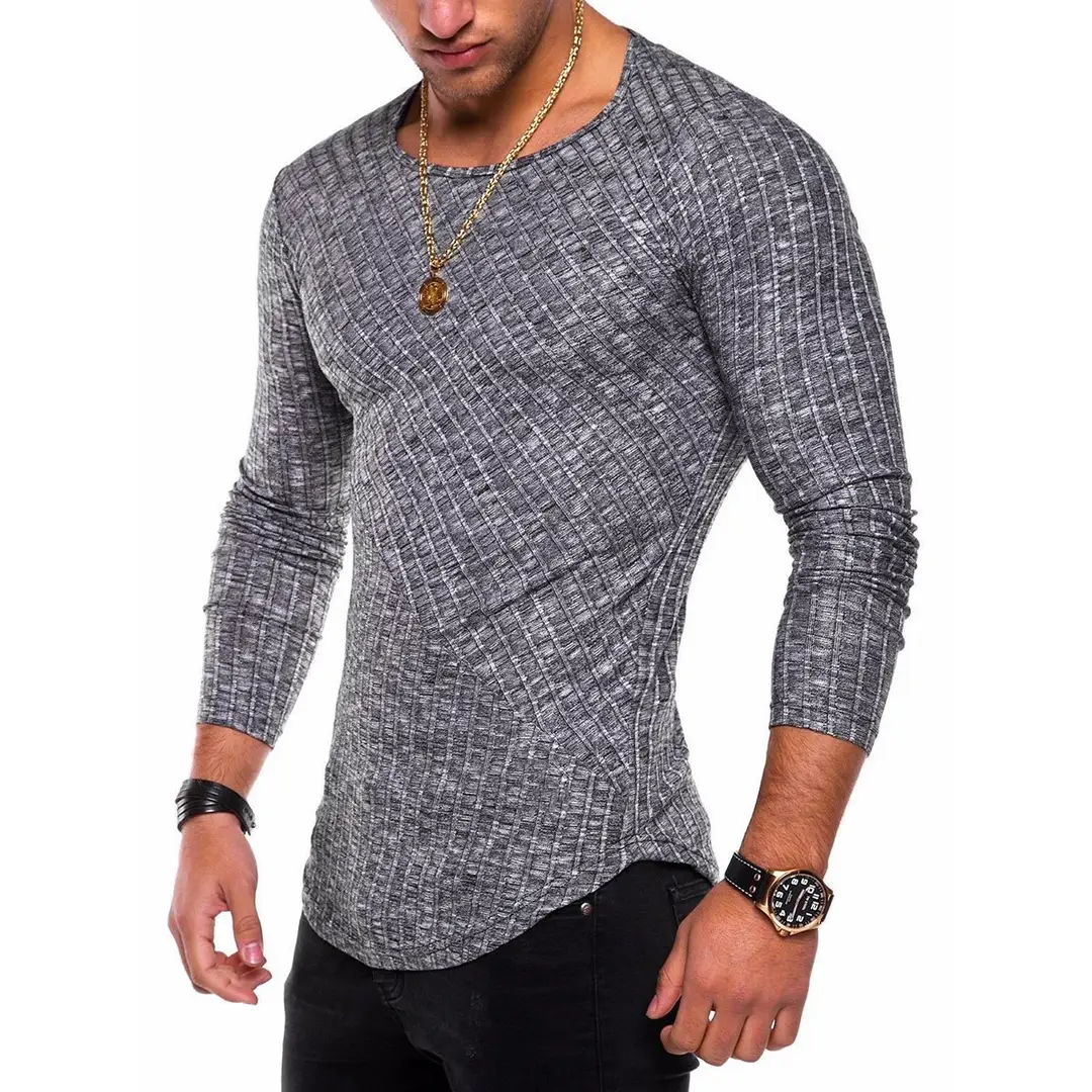 Men Slim Fit Long Sleeve T-Shirt Gray Casual