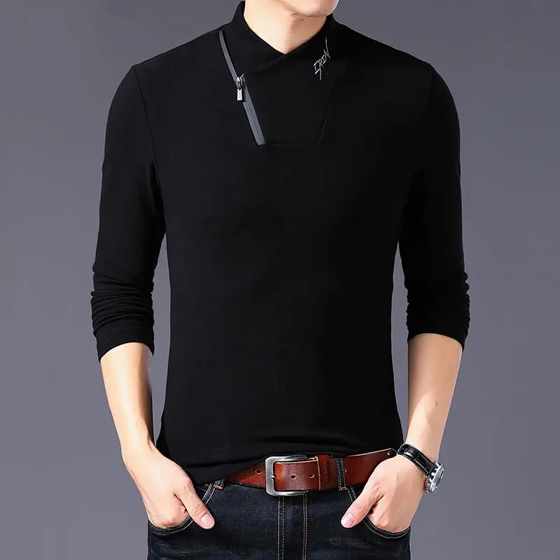 Men Black Cotton Zipper Half Turtleneck Long Sleeve Shirt Plus Size