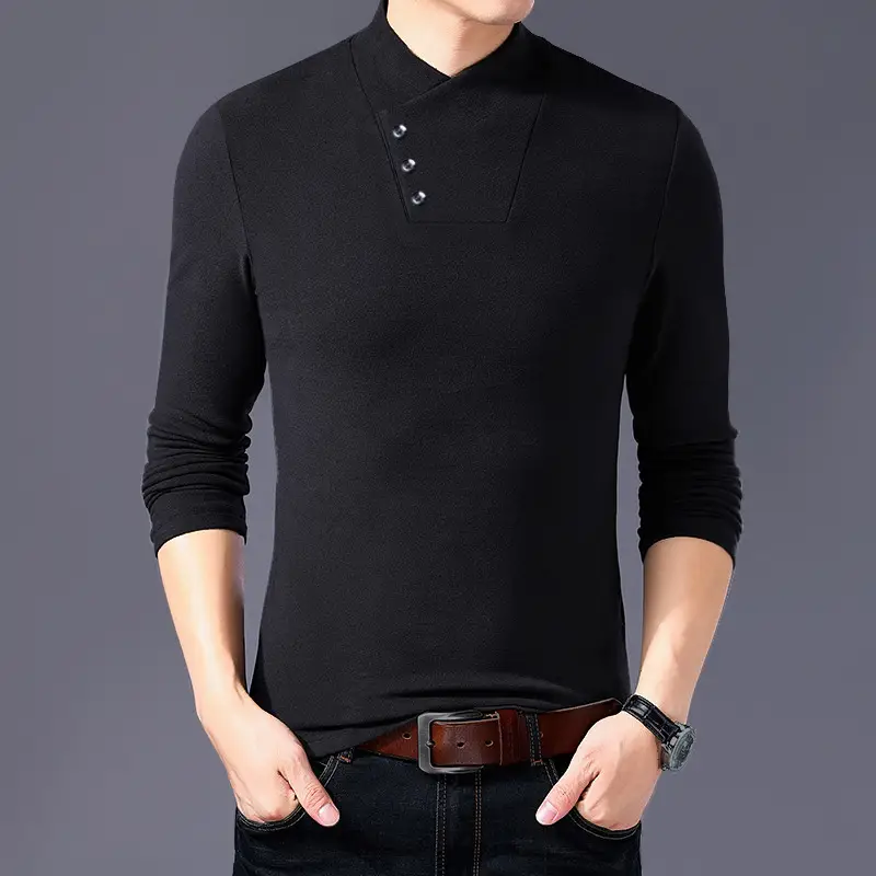 Men Black Semi High Collar Long Sleeve T-Shirt Plus Size