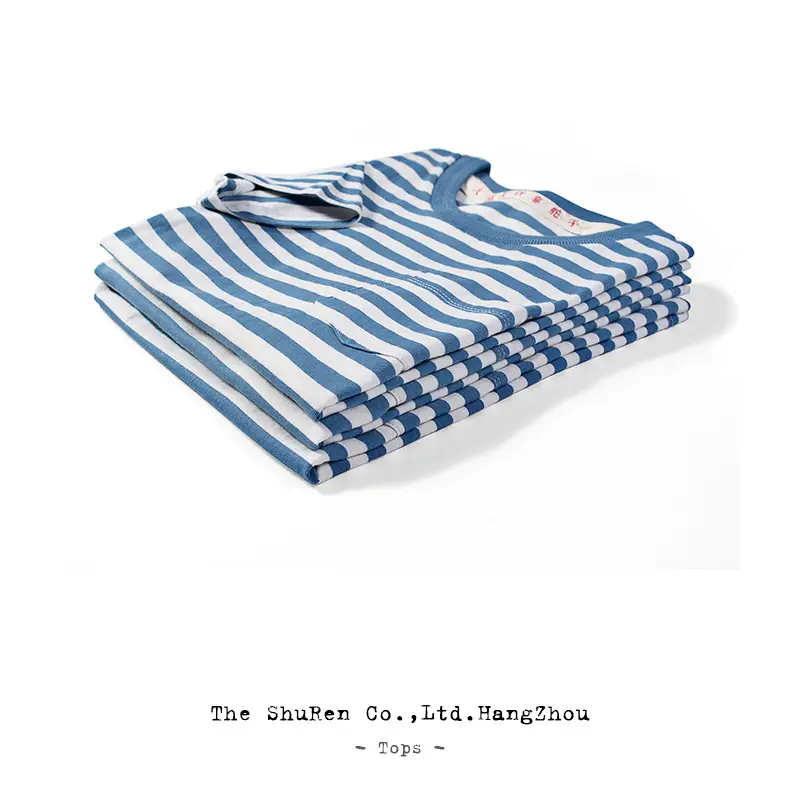 Men Striped Round Neck T-Shirt Summer Retro Blue White
