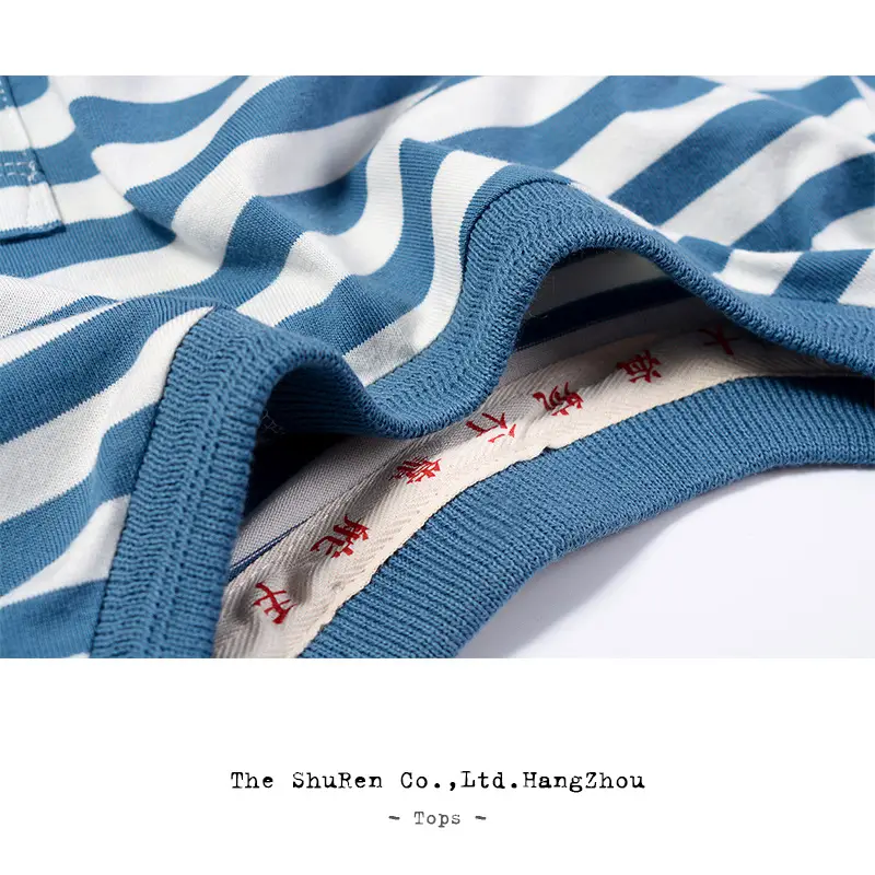 Men Striped Round Neck T-Shirt Summer Retro Blue White