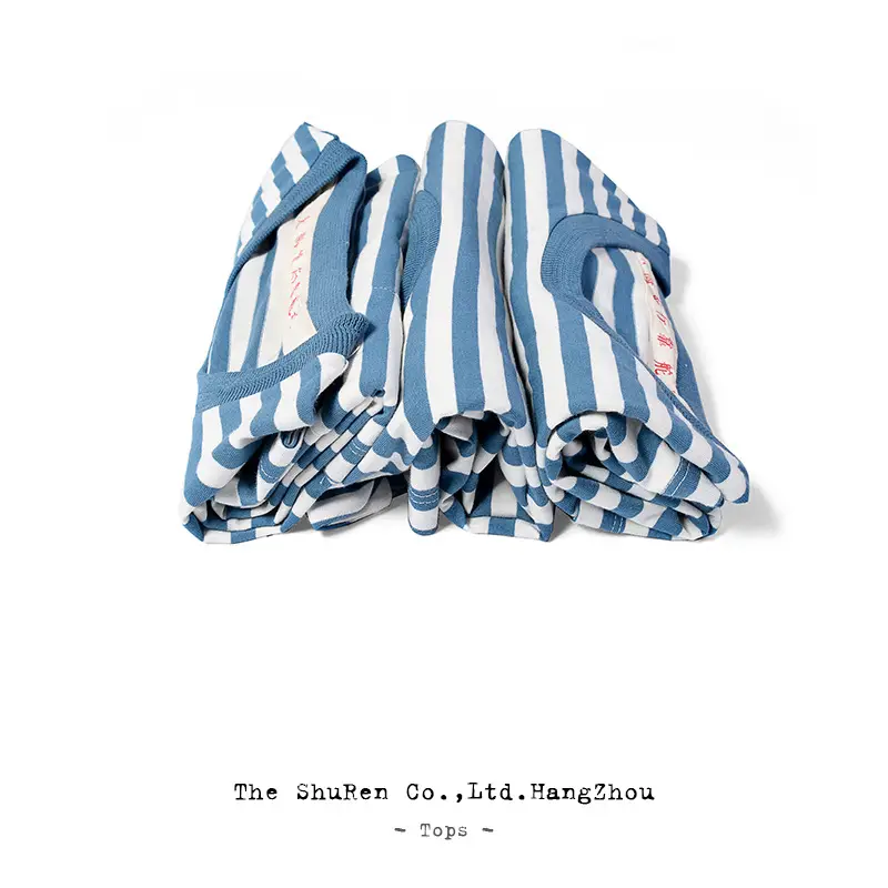 Men Striped Round Neck T-Shirt Summer Retro Blue White