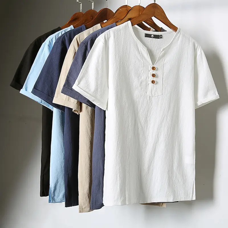 Men Linen Button Short Sleeve T-Shirt White