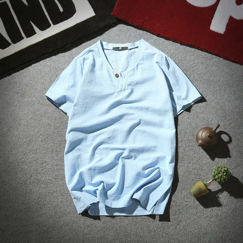 Men Linen Henley Shirt White Summer Retro