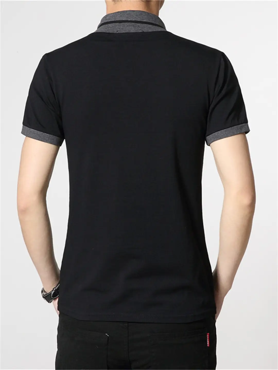 Men Slim Fit V Neck T-Shirt Black Gray Buttoned Summer