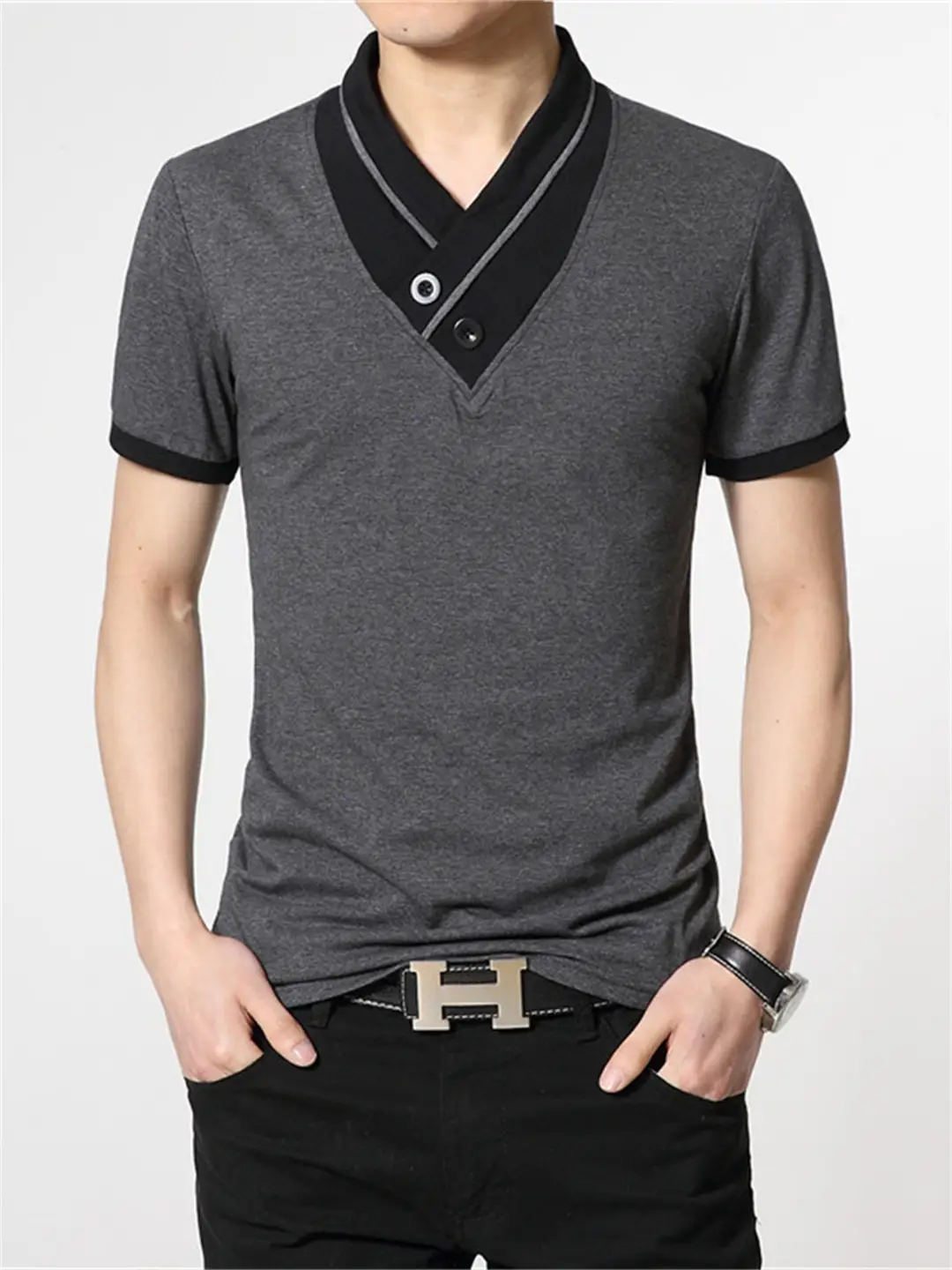Men Slim Fit V Neck T-Shirt Black Gray Buttoned Summer