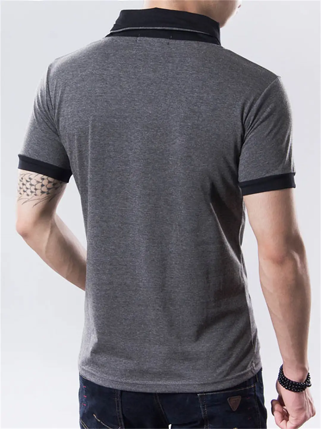 Men Slim Fit V Neck T-Shirt Black Gray Buttoned Summer