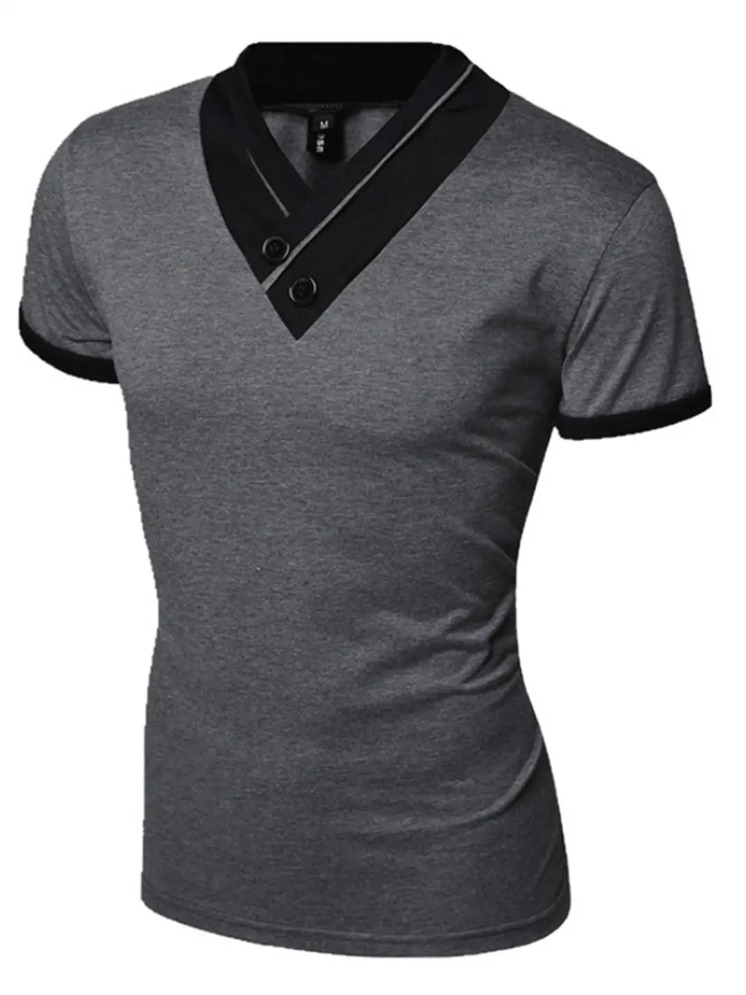 Men Slim Fit V Neck T-Shirt Black Gray Buttoned Summer